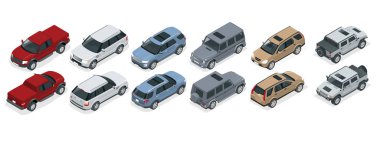 Isome 'ın gerçekçi SUV arabaları beyaz arka plana şablon koymuşlar. Kompakt geçiş, kamyon, pikap, SUV, 5 kapılı steyşın vagon. Şablon vektörü izole edildi.
