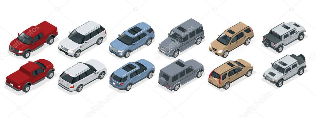 Isometric realistic SUV cars set template on white background. Compact crossover, truck, pickup, SUV, 5-door station wagon car. Template vector isolated.