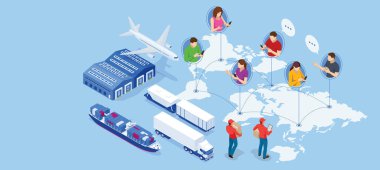 Küresel lojistik ağı. Isometric Lojistik ve Teslimat Bilgileri. Eve ve ofise teslimat. Çevrimiçi sipariş ve dünya çapında mal alımı