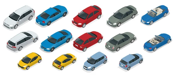 Set di icone isometriche di alta qualità per auto da trasporto urbano. Urban, city car e veicoli trasporto vettore icone piatte set. — Vettoriale Stock
