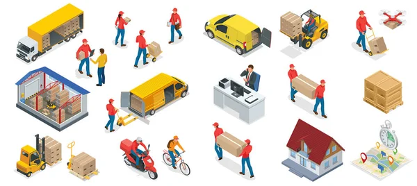 Isometrisk stor uppsättning ikoner för logistik och leveranselement. Leverans hem och kontor. Stadslogistik. Lager, lastbil, gaffeltruck, kurir, drönare och transportör. — Stock vektor