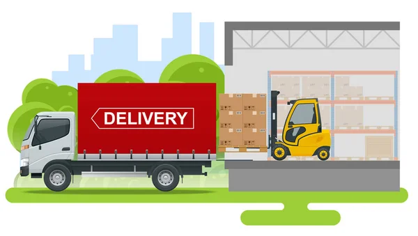 Isometric Logistics and Delivery concept. Delivery home and office. Logistics, Warehouse, Freight, Cargo Transportation. Storage of goods. — Stock Vector