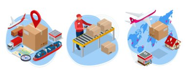 Izometrik küresel lojistik ağı. Hava kargo, demiryolu taşımacılığı, deniz taşımacılığı, depo, konteyner gemisi, dünya haritasında şehir silueti.