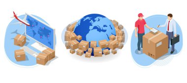 Izometrik küresel lojistik ağı. Hava kargo, demiryolu taşımacılığı, deniz taşımacılığı, depo, konteyner gemisi, dünya haritasında şehir silueti.