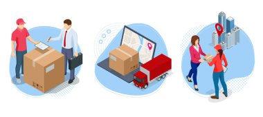 Izometrik küresel lojistik ağı. Hava kargo, demiryolu taşımacılığı, deniz taşımacılığı, depo, konteyner gemisi, dünya haritasında şehir silueti.