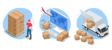 Izometrik küresel lojistik ağı. Hava kargo, demiryolu taşımacılığı, deniz taşımacılığı, depo, konteyner gemisi, dünya haritasında şehir silueti.