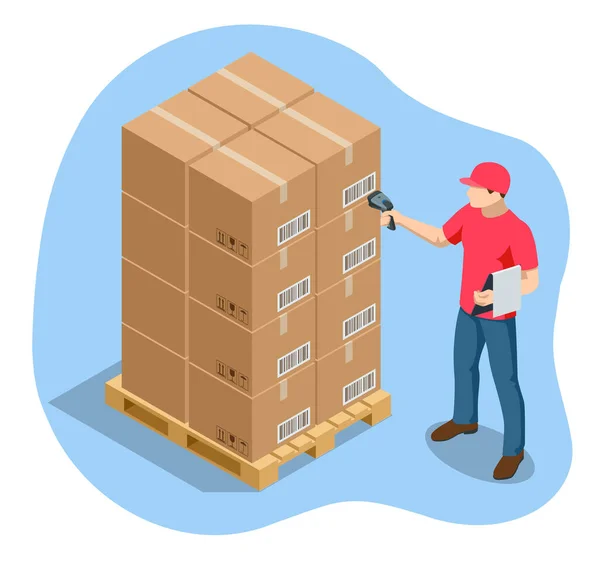 Менеджер склада или работник склада со сканером штрих-кода, проверяющим товары на стойках хранения. Работа на складе. — стоковый вектор