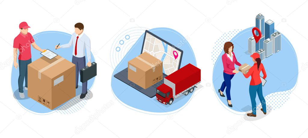 Isometric global logistics network. Air cargo, rail transportation, maritime shipping, warehouse, container ship, city skyline on the world map.