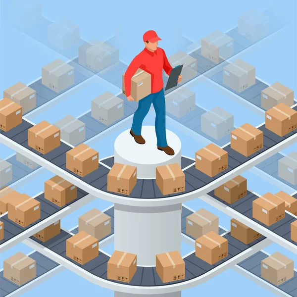 Isometric packed courier on production line against cardboard boxes in warehouse. Transport and processing of orders in trade. Cargo shipment boxes. — Stock Vector