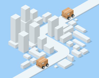 Isometric Lojistik ve Teslimat konsepti. Eve ve ofise teslimat. Şehir lojistiği. Depo, kamyon, forklift, kurye, dron ve teslimatçı..