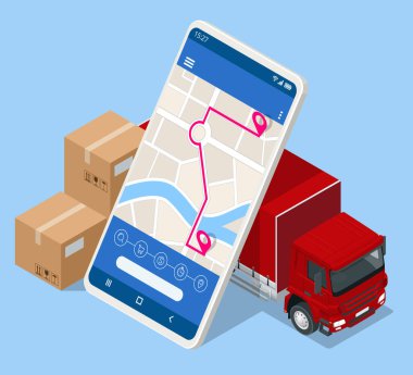 Isometric Lojistik ve Teslimat konsepti. Eve ve ofise teslimat. Şehir lojistiği. Depo, kamyon, forklift, kurye, dron ve teslimatçı..