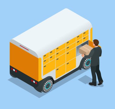 Isometric paket istasyonu. Posta paketlerinin gönderilmesi ve alınması için özerk posta noktaları zinciri. Bu hizmet çevrimiçi alımlar için ev teslimatına bir alternatif sunar.