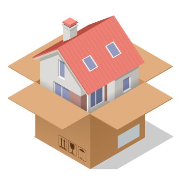 Kahverengi kağıda sarılı ve beyaz arka planda izole edilmiş Isometric House. Kutularla yeni eve taşınmak. Taşınma Evi. Emlak Piyasası.