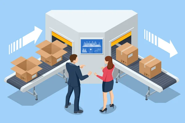 Isometric Logistics and Delivery concept. Doručení domů a do kanceláře. Městská logistika. Skladiště, kamion, vysokozdvižný vozík, kurýr, dron a doručovatel. — Stockový vektor