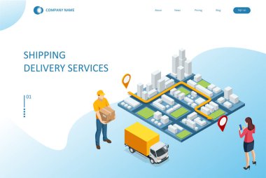 Isometric Lojistik ve Teslimat konsepti. Eve ve ofise teslimat. Şehir lojistiği. Küresel lojistik ortaklığı olan akıllı teknoloji kavramı