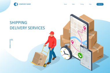 Isometric Lojistik ve Teslimat konsepti. Eve ve ofise teslimat. Şehir lojistiği. Küresel lojistik ortaklığı olan akıllı teknoloji kavramı