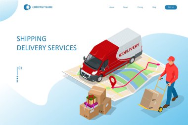Isometric Lojistik ve Teslimat konsepti. Eve ve ofise teslimat. Şehir lojistiği. Küresel lojistik ortaklığı olan akıllı teknoloji kavramı