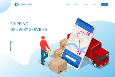Isometric Lojistik ve Teslimat konsepti. Eve ve ofise teslimat. Şehir lojistiği. Küresel lojistik ortaklığı olan akıllı teknoloji kavramı
