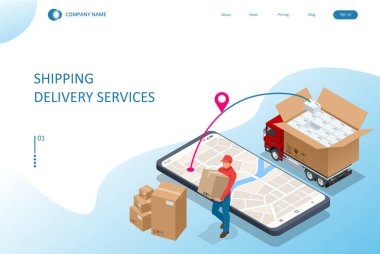 Isometric Lojistik ve Teslimat konsepti. Eve ve ofise teslimat. Şehir lojistiği. Küresel lojistik ortaklığı olan akıllı teknoloji kavramı