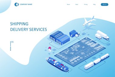 Isometric Lojistik ve Teslimat konsepti. Eve ve ofise teslimat. Şehir lojistiği. Küresel lojistik ortaklığı olan akıllı teknoloji kavramı
