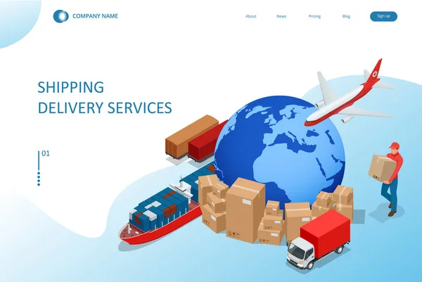 Konsep Isometric Logistics and Delivery. Pengiriman rumah dan kantor. logistik kota. Konsep teknologi cerdas dengan kemitraan logistik global - Stok Vektor