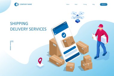 Isometric Lojistik ve Teslimat konsepti. Eve ve ofise teslimat. Şehir lojistiği. Depo, kamyon, forklift, kurye, dron ve teslimatçı..