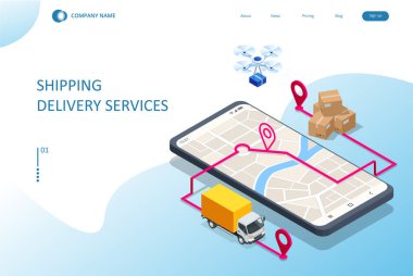 Isometric Lojistik ve Teslimat konsepti. Eve ve ofise teslimat. Şehir lojistiği. Depo, kamyon, forklift, kurye, dron ve teslimatçı..