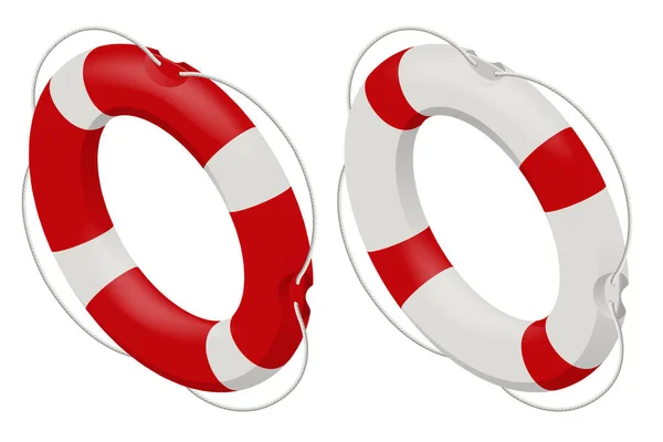 Isometric rescue life belt, marine lifebuoy water safety isolated on white background. Collection of realistic lifebuoy striped circle — Stock Vector