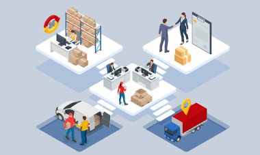Küresel lojistik ağı izometrik illüstrasyon. Isometric Lojistik ve Teslimat konsepti. Eve ve ofise teslimat. Şehir lojistiği. Depo, kamyon, forklift, kurye. Zamanında teslim.