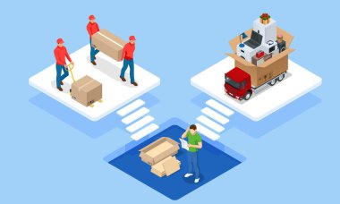 Küresel lojistik ağı izometrik illüstrasyon. Isometric Lojistik ve Teslimat konsepti. Eve ve ofise teslimat. Şehir lojistiği. Depo, kamyon, forklift, kurye. Zamanında teslim.