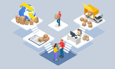 Küresel lojistik ağı izometrik illüstrasyon. Isometric Lojistik ve Teslimat konsepti. Eve ve ofise teslimat. Şehir lojistiği. Depo, kamyon, forklift, kurye. Zamanında teslim.