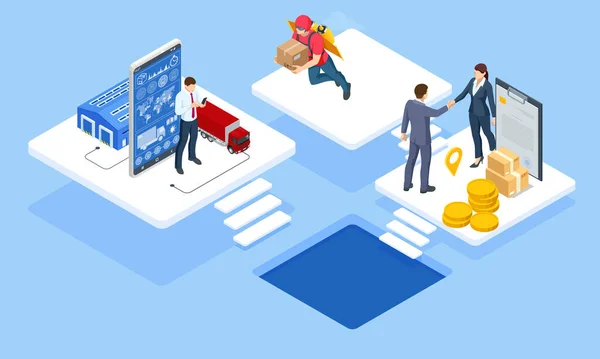Global logistik nätverk isometrisk illustration. Isometrisk logistik och leverans koncept. Leverans hem och kontor. Stadslogistik. Lager, lastbil, gaffeltruck, kurir. Leverans i tid — Stock vektor