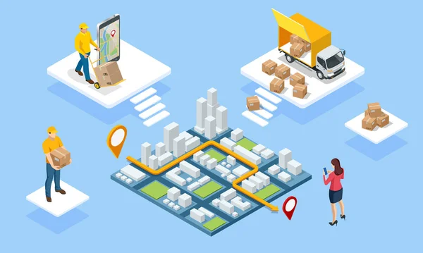 Global logistik nätverk isometrisk illustration. Isometrisk logistik och leverans koncept. Leverans hem och kontor. Stadslogistik. Lager, lastbil, gaffeltruck, kurir. Leverans i tid — Stock vektor