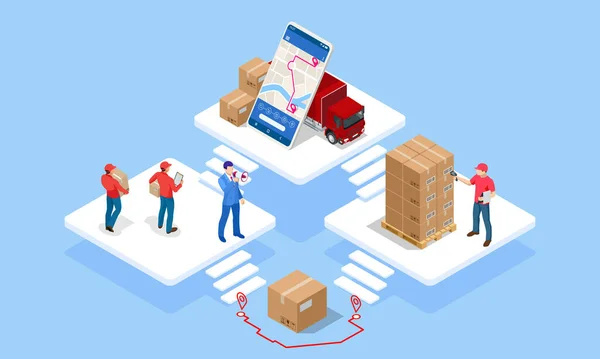 Ilustrasi isometrik jaringan logistik global. Konsep Isometric Logistics and Delivery. Pengiriman rumah dan kantor. logistik kota. Gudang, truk, forklift, kurir. Pengiriman tepat waktu - Stok Vektor