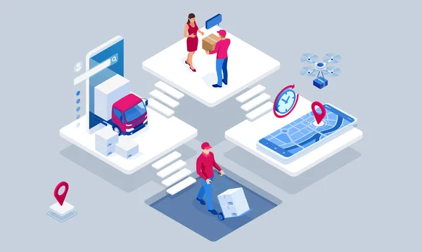 Illustration isométrique du réseau logistique mondial. Isometric Logistics and Delivery concept. Livraison à domicile et au bureau. Logistique municipale. Entrepôt, camion, chariot élévateur, courrier. Livraison à temps — Image vectorielle