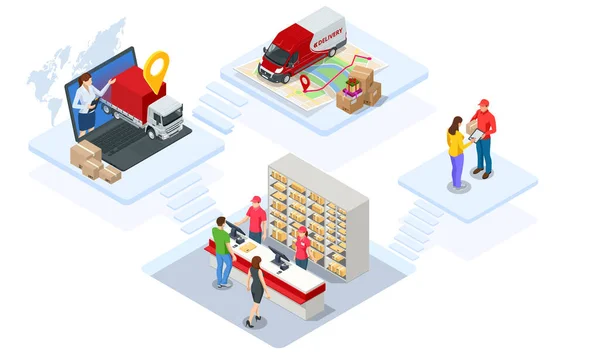 Wereldwijd logistiek netwerk isometrische illustratie. Isometrische logistiek en leveringsconcept. Bezorging thuis en op kantoor. Stadslogistiek. Pakhuis, vrachtwagen, vorkheftruck, koerier. Tijdige levering — Stockvector