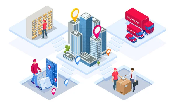 Wereldwijd logistiek netwerk isometrische illustratie. Isometrische logistiek en leveringsconcept. Bezorging thuis en op kantoor. Stadslogistiek. Pakhuis, vrachtwagen, vorkheftruck, koerier. Tijdige levering — Stockvector