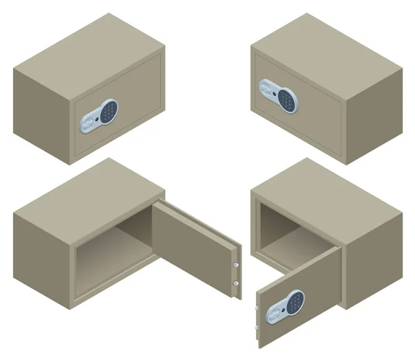 Conjunto isométrico de cajas fuertes metálicas de seguridad aisladas sobre fondo blanco. Seguridad Financiera y Seguro. Caja de efectivo metálico Depósito bancario Caja de seguridad de latas de acero Cerrable. — Vector de stock