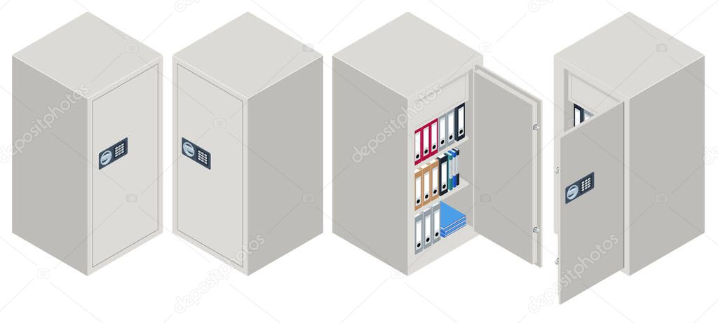 Isometric Set of Security Metal Safes Isolated on White Background. Safe and Financial Security. Metal Cash Box Money Bank Deposit Steel Tin Security Safe Lockable.
