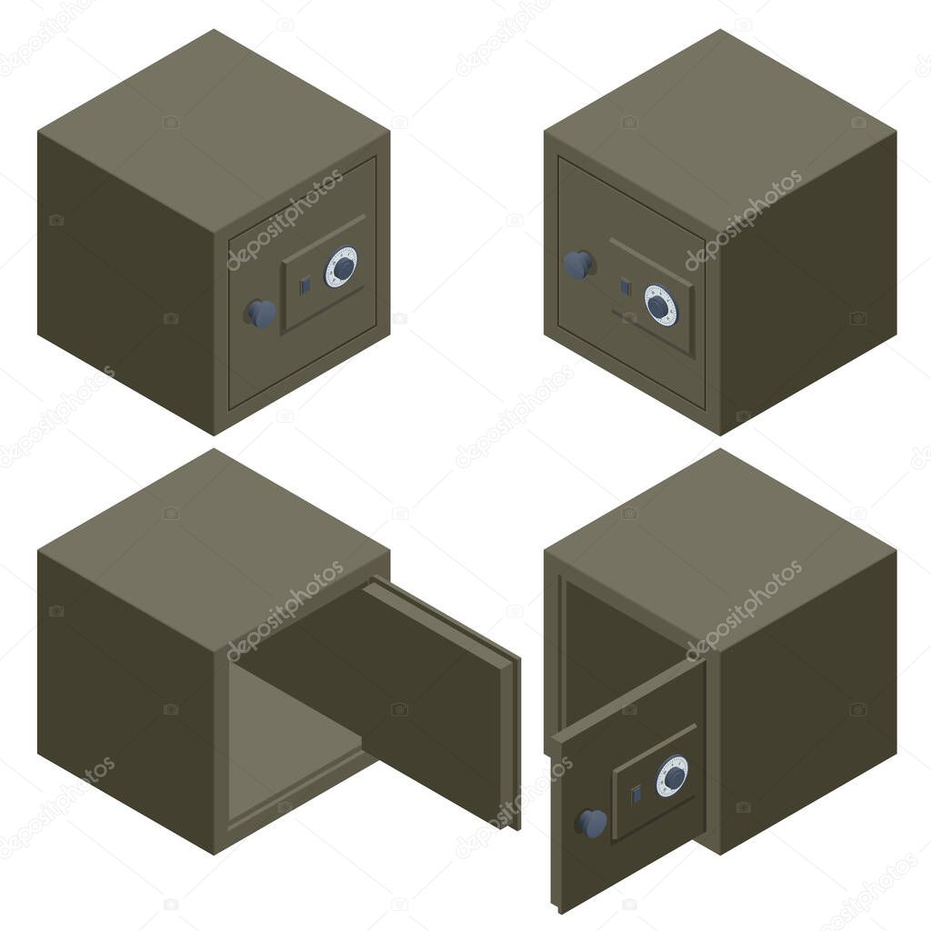 Isometric Set of Security Metal Safes Isolated on White Background. Safe and Financial Security. Metal Cash Box Money Bank Deposit Steel Tin Security Safe Lockable.