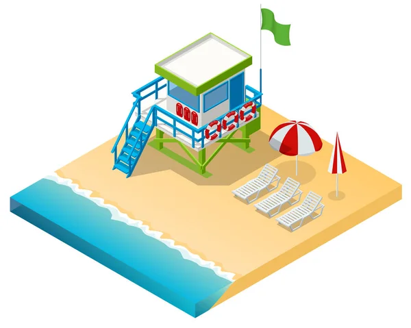 Isometric Watchtower on a Sandy Beach. Lifeguard on the beach. Safety while swimming. — Stock Vector