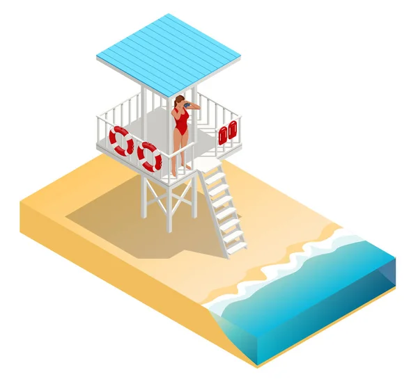 Izometrikus Őrtorony Sandy Beach-en. Életmentő a parton. Úszás közbeni biztonság. — Stock Vector