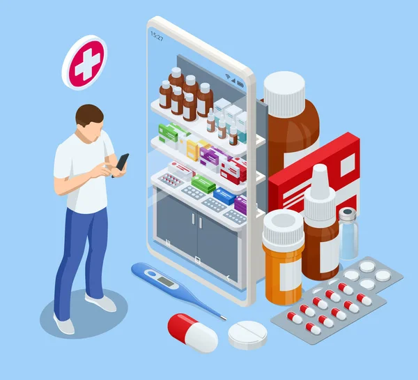 Ισομετρική αγορά φαρμάκων και φαρμάκων στο διαδίκτυο. Healthcare online εφαρμογή φαρμακείο. Concept online φαρμακείο. — Διανυσματικό Αρχείο