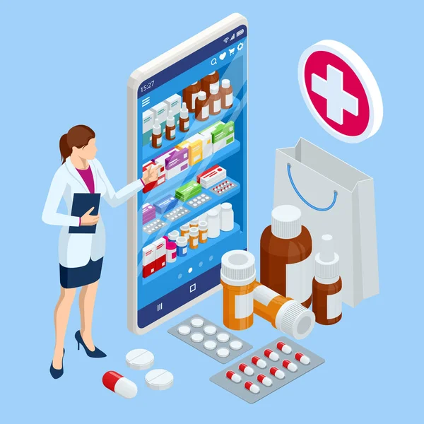 Isométrico comprar medicamentos y medicamentos en línea. Salud aplicación de farmacia en línea. Concepto farmacia en línea. — Vector de stock