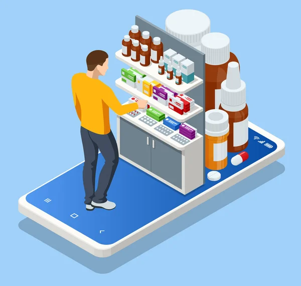 Isométrico comprar medicamentos y medicamentos en línea. Salud aplicación de farmacia en línea. Concepto farmacia en línea. — Vector de stock