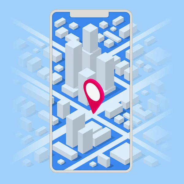 Aplicación de seguimiento de ubicación isométrica en el teléfono inteligente con pantalla táctil. Callejero con GPS Navigation. Mapa de navegación de ciudad con pin. — Vector de stock