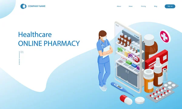 Farmacia en línea y medicina con una aplicación médica. Comprar medicamentos en línea. Servicio móvil o aplicación para la compra de medicamentos en farmacia en línea. — Vector de stock