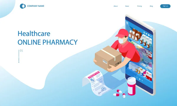 Farmacia en línea y medicina con una aplicación médica. Comprar medicamentos en línea. Servicio móvil o aplicación para la compra de medicamentos en farmacia en línea. — Vector de stock