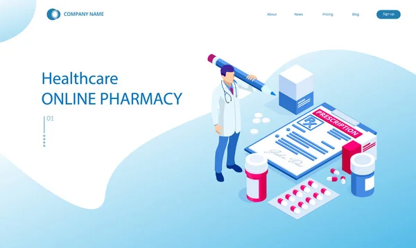Farmacia en línea y medicina con una aplicación médica. Comprar medicamentos en línea. Servicio móvil o aplicación para la compra de medicamentos en farmacia en línea. — Vector de stock