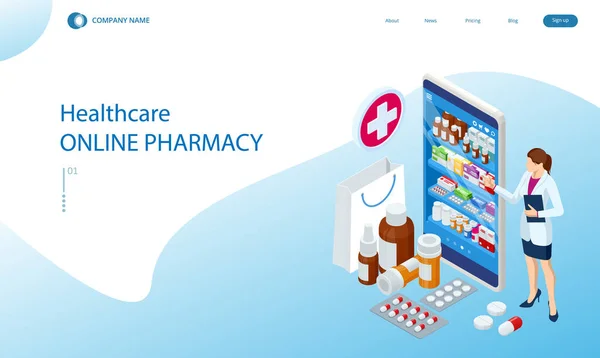 Tıbbi uygulamalı online eczane ve ilaç. İnternetten ilaç alıyorum. Çevrimiçi eczane eczanesinden ilaç satın almak için mobil hizmet veya uygulama. — Stok Vektör